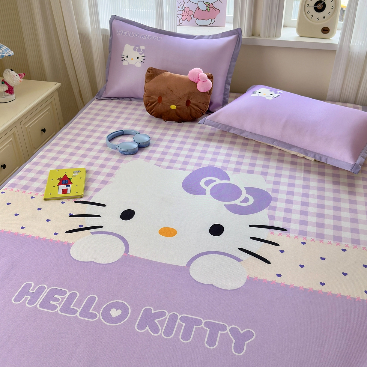 91家纺网 家纺一手货源 找家纺 桃子家居 2026新款A类三丽鸥授权数码印花中分子1200D凉感冰丝宽边凉感软席凉席席子 冰丝席-紫色爱心kt