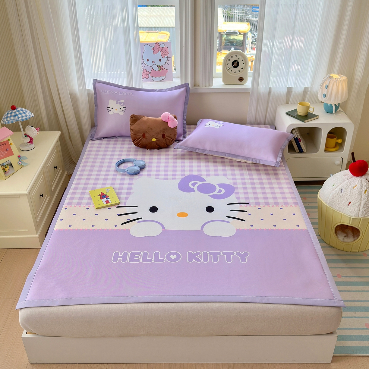 91家纺网 家纺一手货源 找家纺 桃子家居 2026新款A类三丽鸥授权数码印花中分子1200D凉感冰丝宽边凉感软席凉席席子 冰丝席-紫色爱心kt