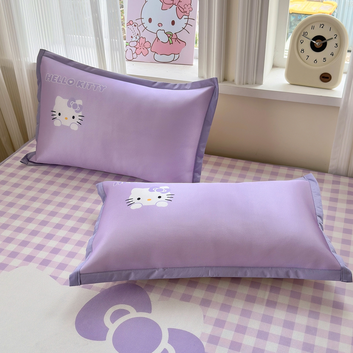 91家纺网 家纺一手货源 找家纺 桃子家居 2026新款A类三丽鸥授权数码印花中分子1200D凉感冰丝宽边凉感软席凉席席子 冰丝席-紫色爱心kt