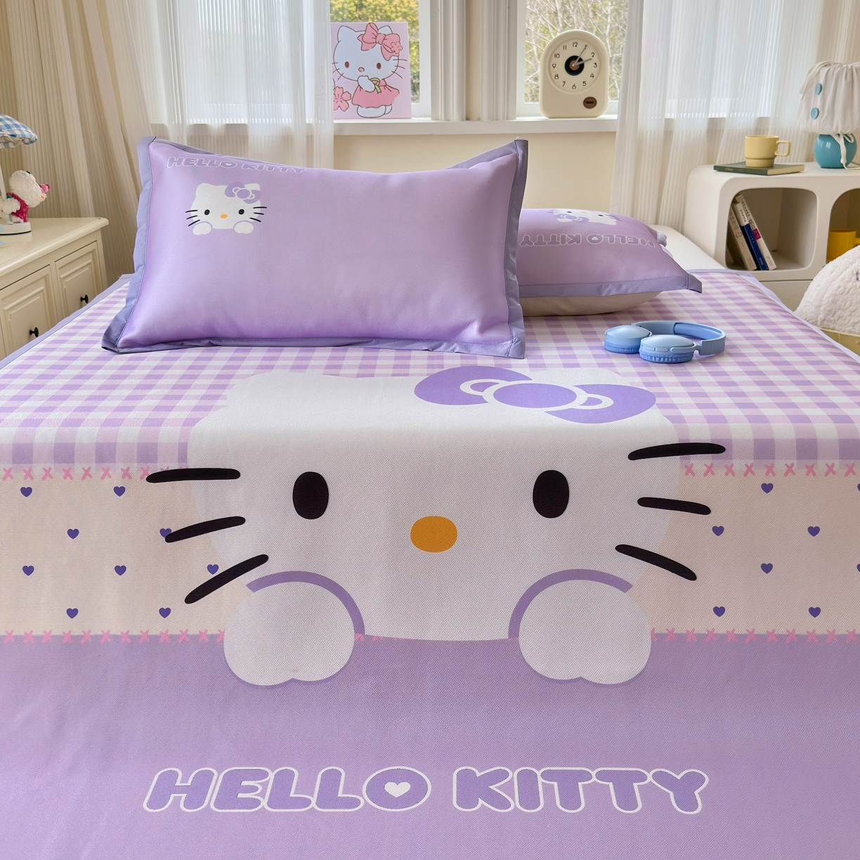 91家纺网 家纺一手货源 找家纺 桃子家居 2026新款A类三丽鸥授权数码印花中分子1200D凉感冰丝宽边凉感软席凉席席子 冰丝席-紫色爱心kt