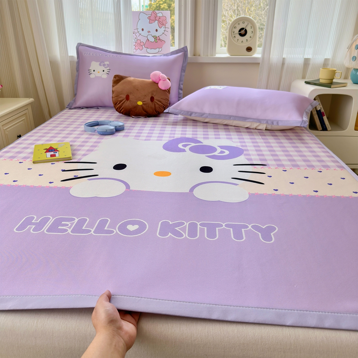 91家纺网 家纺一手货源 找家纺 桃子家居 2026新款A类三丽鸥授权数码印花中分子1200D凉感冰丝宽边凉感软席凉席席子 冰丝席-紫色爱心kt