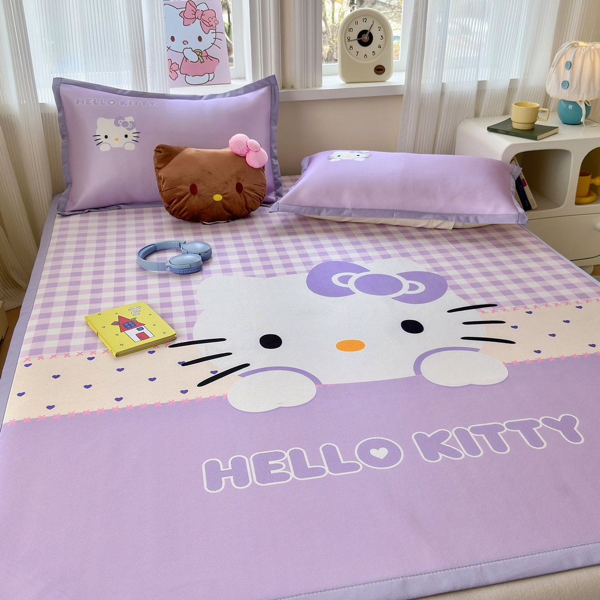 91家纺网 家纺一手货源 找家纺 桃子家居 2026新款A类三丽鸥授权数码印花中分子1200D凉感冰丝宽边凉感软席凉席席子 冰丝席-紫色爱心kt