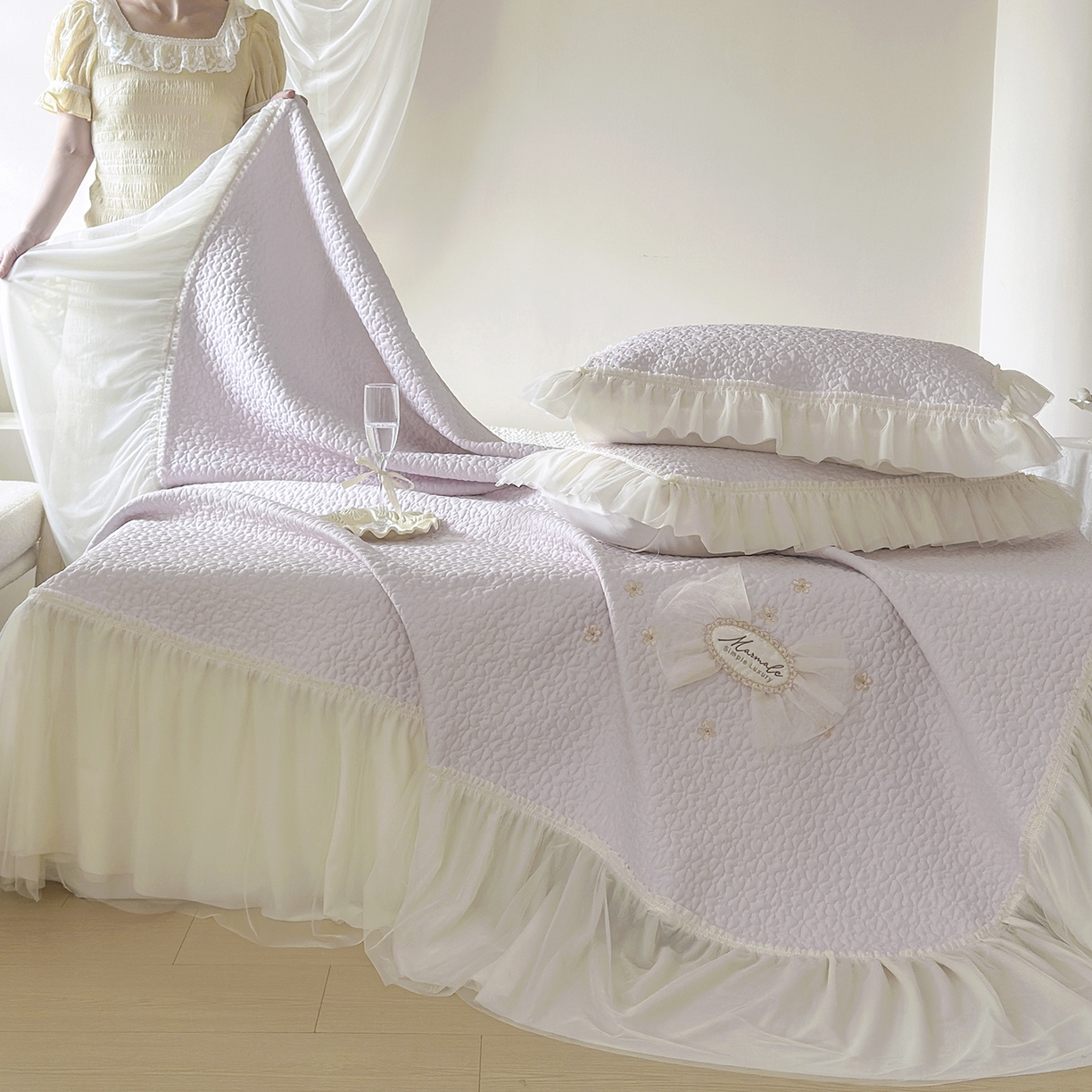 91家纺网 家纺一手货源 找家纺 乐朵家居 2026新款 蜜糖（复合）凉豆豆凉席三件套 粉紫