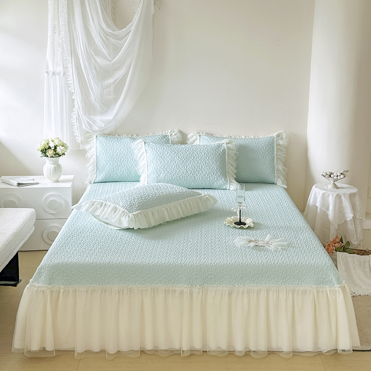 91家纺网 家纺一手货源 找家纺 乐朵家居 2026新款 蜜糖（复合）凉豆豆凉席三件套 浅绿色