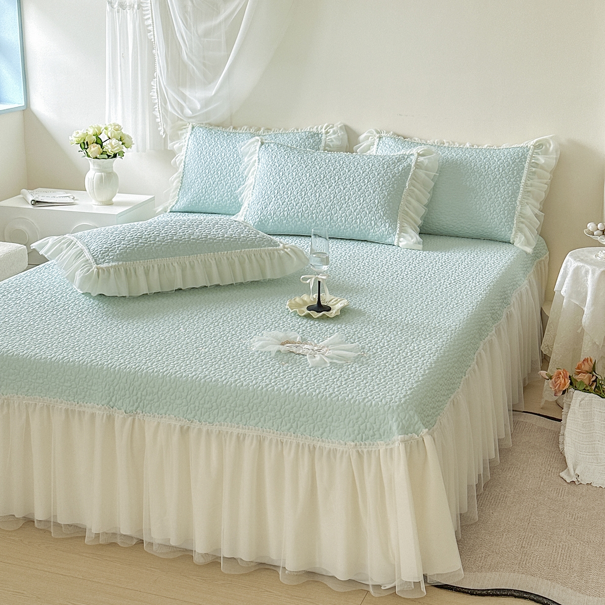 91家纺网 家纺一手货源 找家纺 乐朵家居 2026新款 蜜糖（复合）凉豆豆凉席三件套 浅绿色