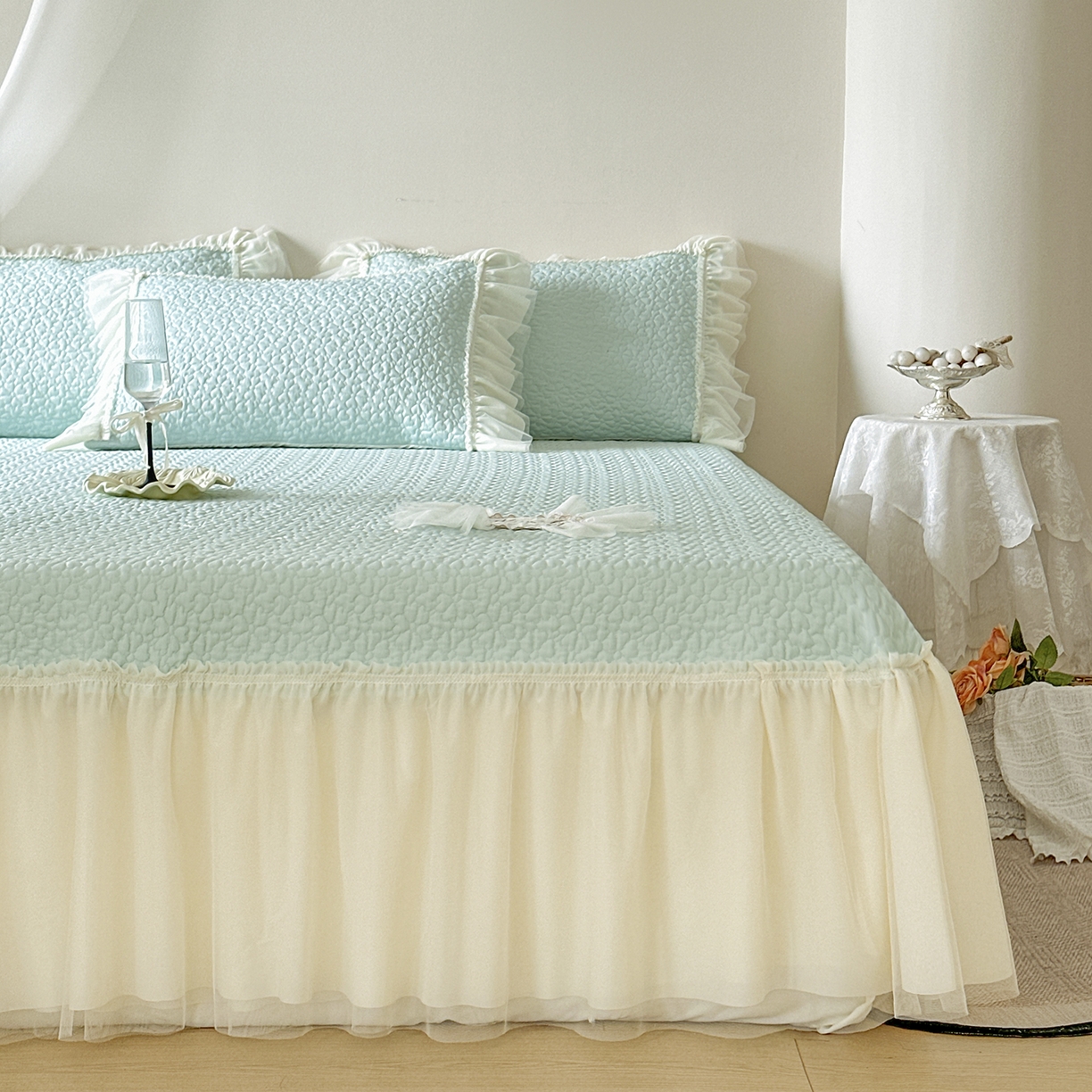 91家纺网 家纺一手货源 找家纺 乐朵家居 2026新款 蜜糖（复合）凉豆豆凉席三件套 浅绿色