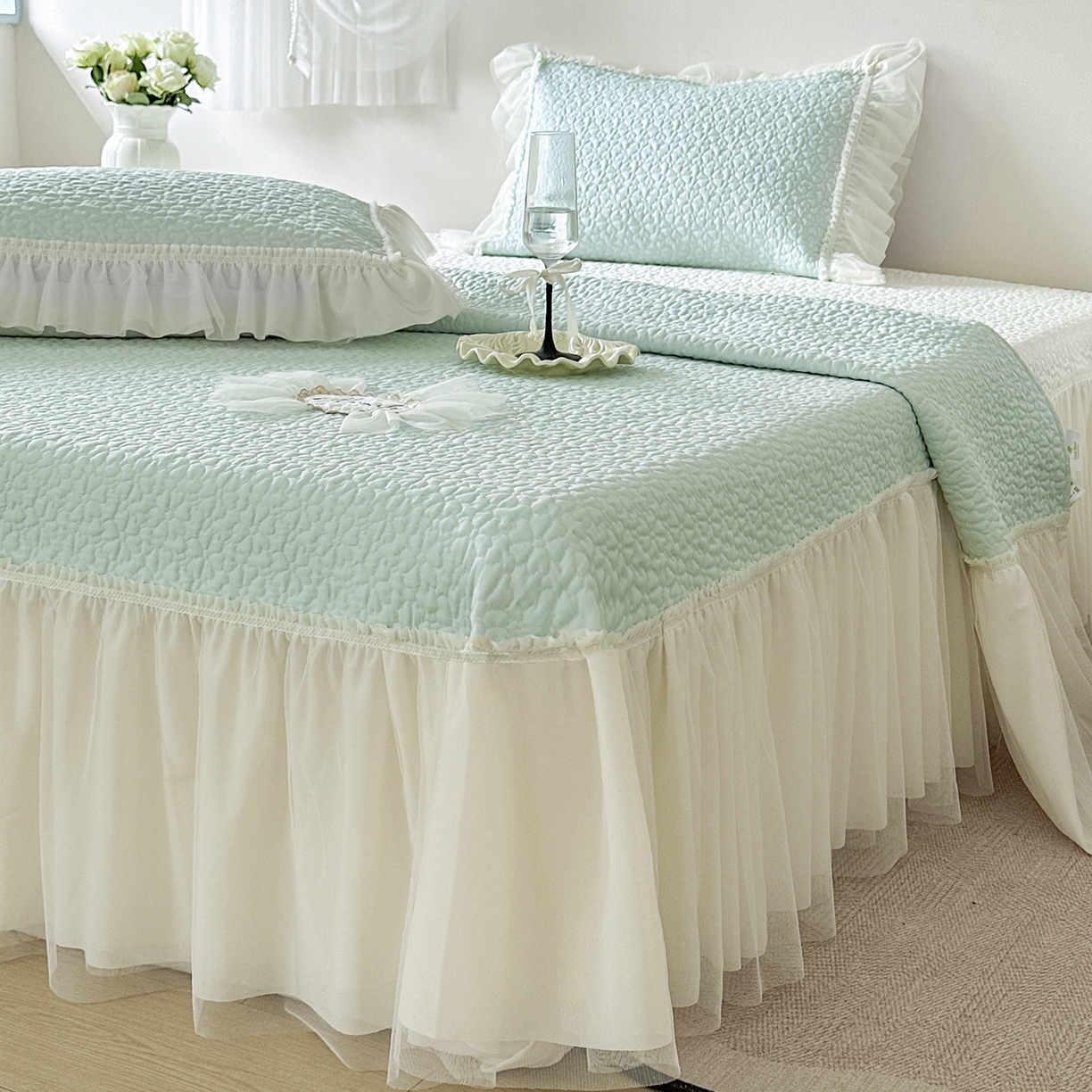 91家纺网 家纺一手货源 找家纺 乐朵家居 2026新款 蜜糖（复合）凉豆豆凉席三件套 浅绿色