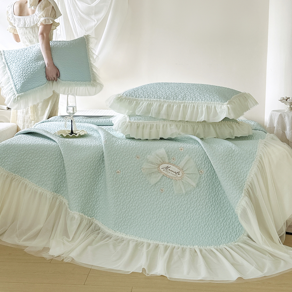 91家纺网 家纺一手货源 找家纺 乐朵家居 2026新款 蜜糖（复合）凉豆豆凉席三件套 浅绿色