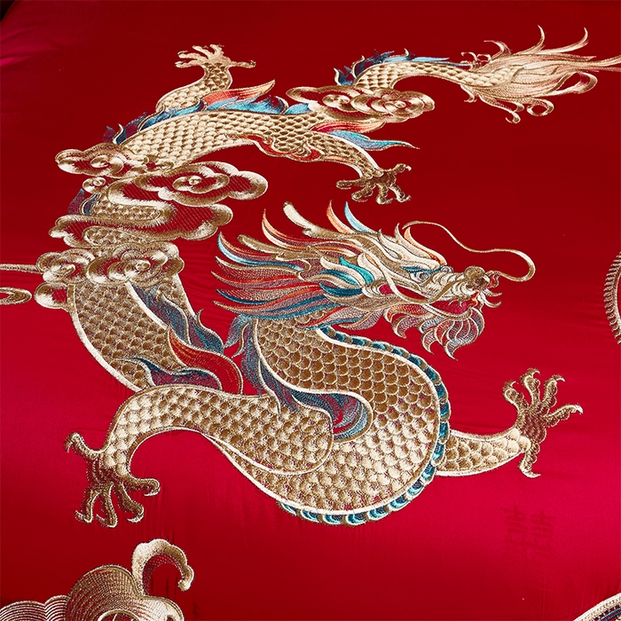 91家纺网 家纺一手货源 找家纺 博之洋婚庆 2026新款长绒棉全棉贡缎提花款新中式婚庆四件套多件套 龙凤天下