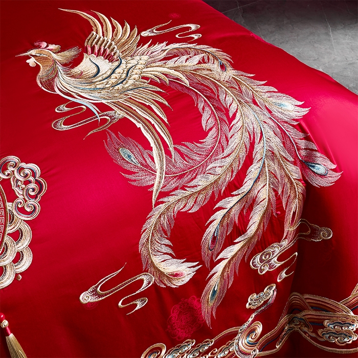 91家纺网 家纺一手货源 找家纺 博之洋婚庆 2026新款长绒棉全棉贡缎提花款新中式婚庆四件套多件套 龙翔凤舞-金