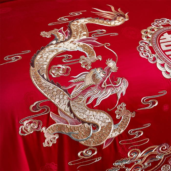 91家纺网 家纺一手货源 找家纺 博之洋婚庆 2026新款长绒棉全棉贡缎提花款新中式婚庆四件套多件套 龙翔凤舞-金