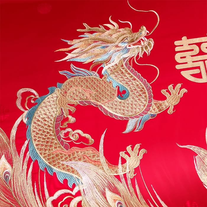 91家纺网 家纺一手货源 找家纺 博之洋婚庆 2026新款长绒棉全棉贡缎提花款新中式婚庆四件套多件套 龙跃凤鸣
