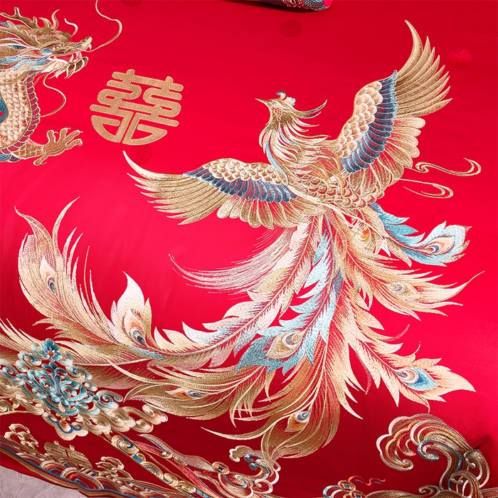 91家纺网 家纺一手货源 找家纺 博之洋婚庆 2026新款长绒棉全棉贡缎提花款新中式婚庆四件套多件套 龙跃凤鸣