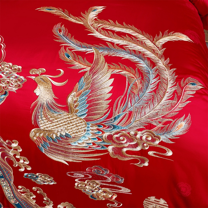 91家纺网 家纺一手货源 找家纺 博之洋婚庆 2026新款长绒棉全棉贡缎提花款新中式婚庆四件套多件套 龙资凤彩
