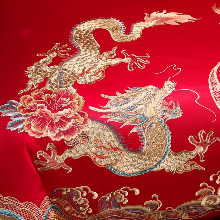 91家纺网 家纺一手货源 找家纺 博之洋婚庆 2026新款长绒棉全棉贡缎提花款新中式婚庆四件套多件套 倾城龙凤