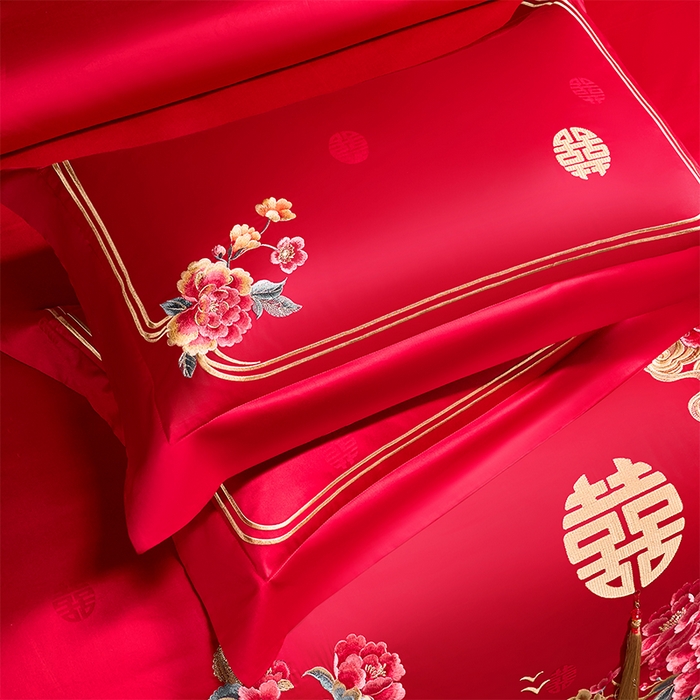 91家纺网 家纺一手货源 找家纺 博之洋婚庆 2026新款长绒棉全棉贡缎提花款新中式婚庆四件套多件套 十全十美-金
