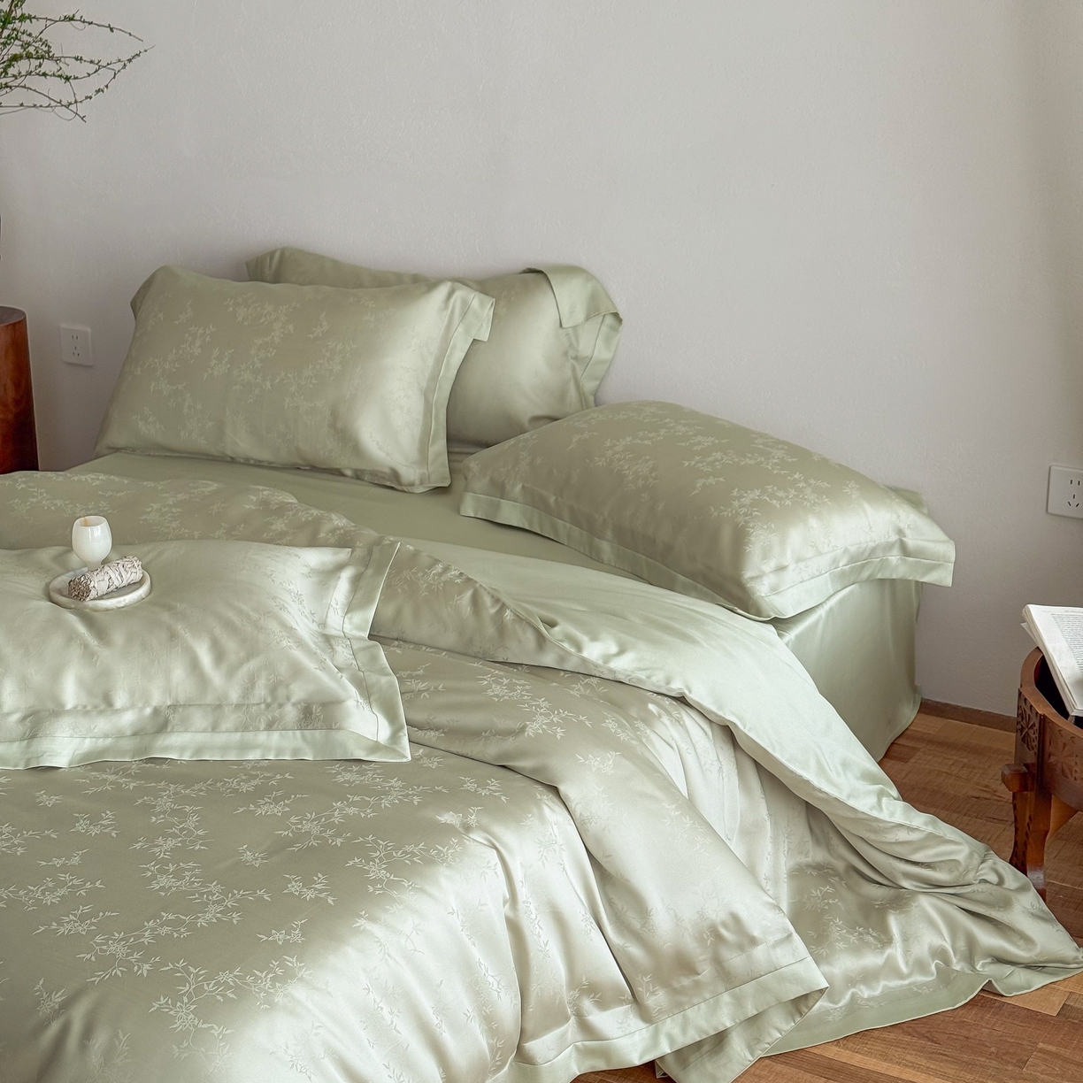 花时间 2026春夏新款60s兰精天丝染色提花四件套 柒予-春绿