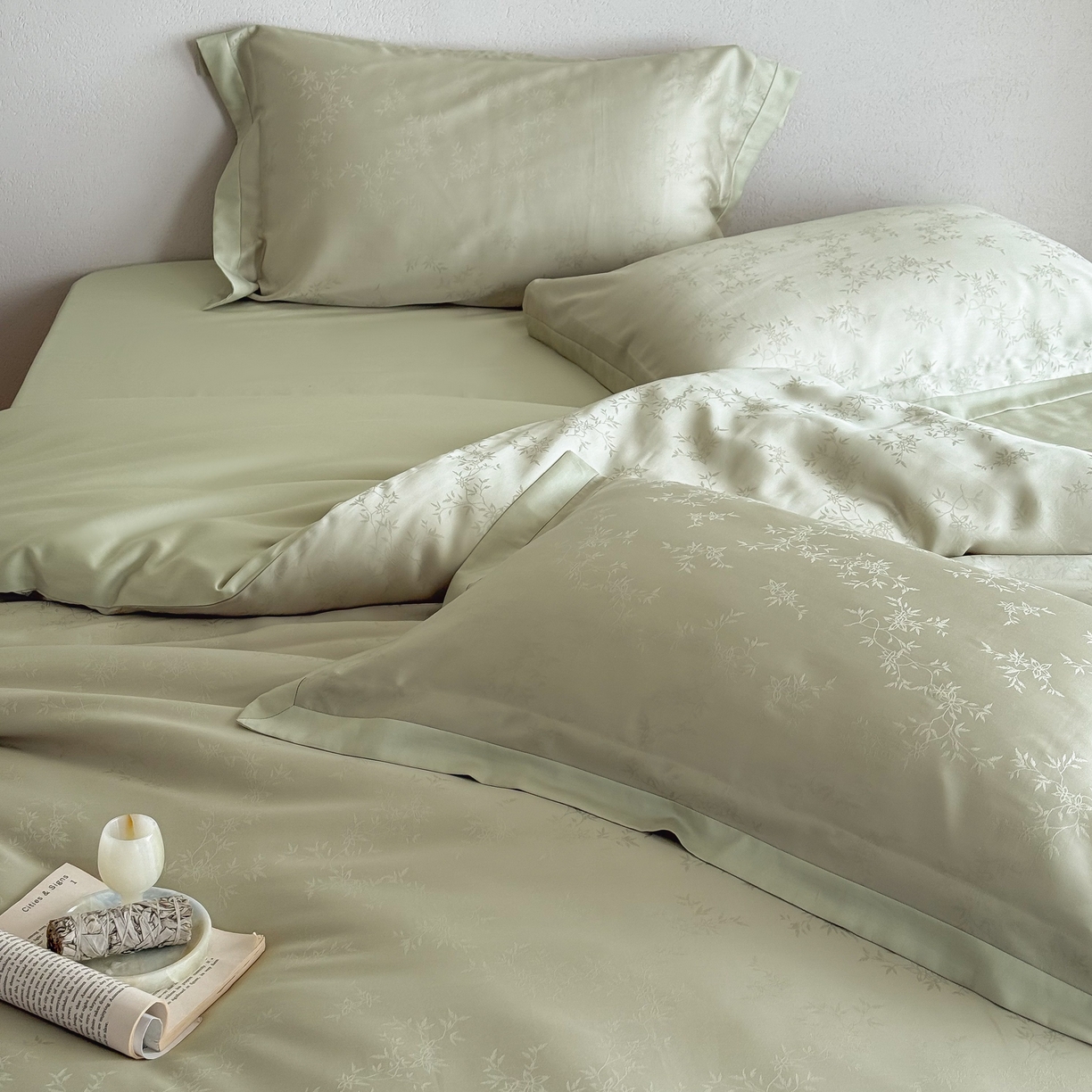 91家纺网 家纺一手货源 找家纺 花时间 2026春夏新款60s兰精天丝染色提花四件套 柒予-春绿