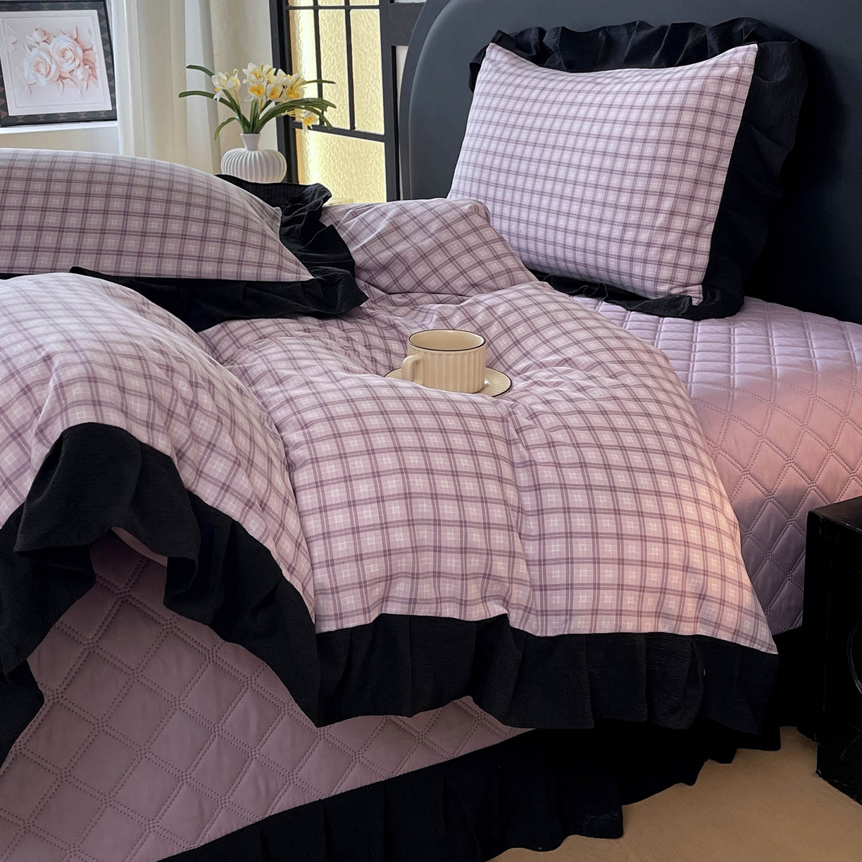 91家纺网 家纺一手货源 找家纺 慕希家纺 2026新款花边夹棉床盖四件套-西西里岛系列 西西里岛-浅紫