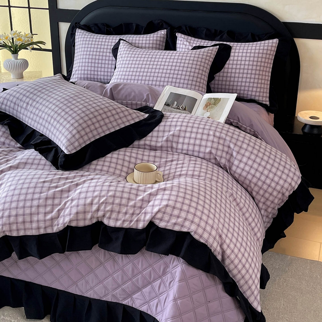 91家纺网 家纺一手货源 找家纺 慕希家纺 2026新款花边夹棉床盖四件套-西西里岛系列 西西里岛-浅紫