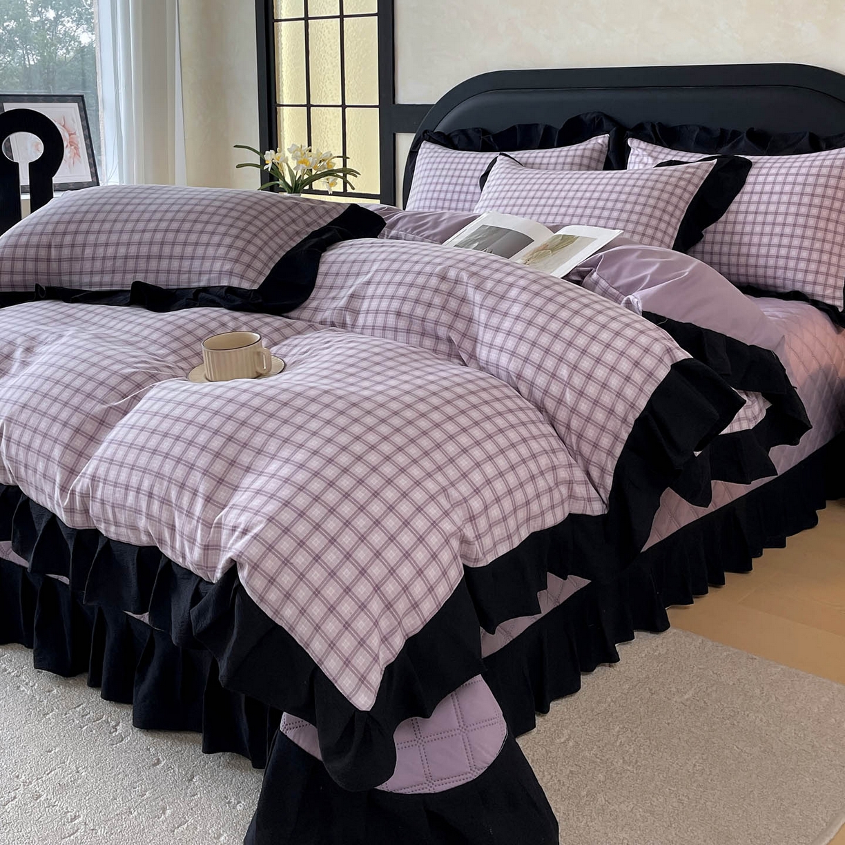 91家纺网 家纺一手货源 找家纺 慕希家纺 2026新款花边夹棉床盖四件套-西西里岛系列 西西里岛-浅紫