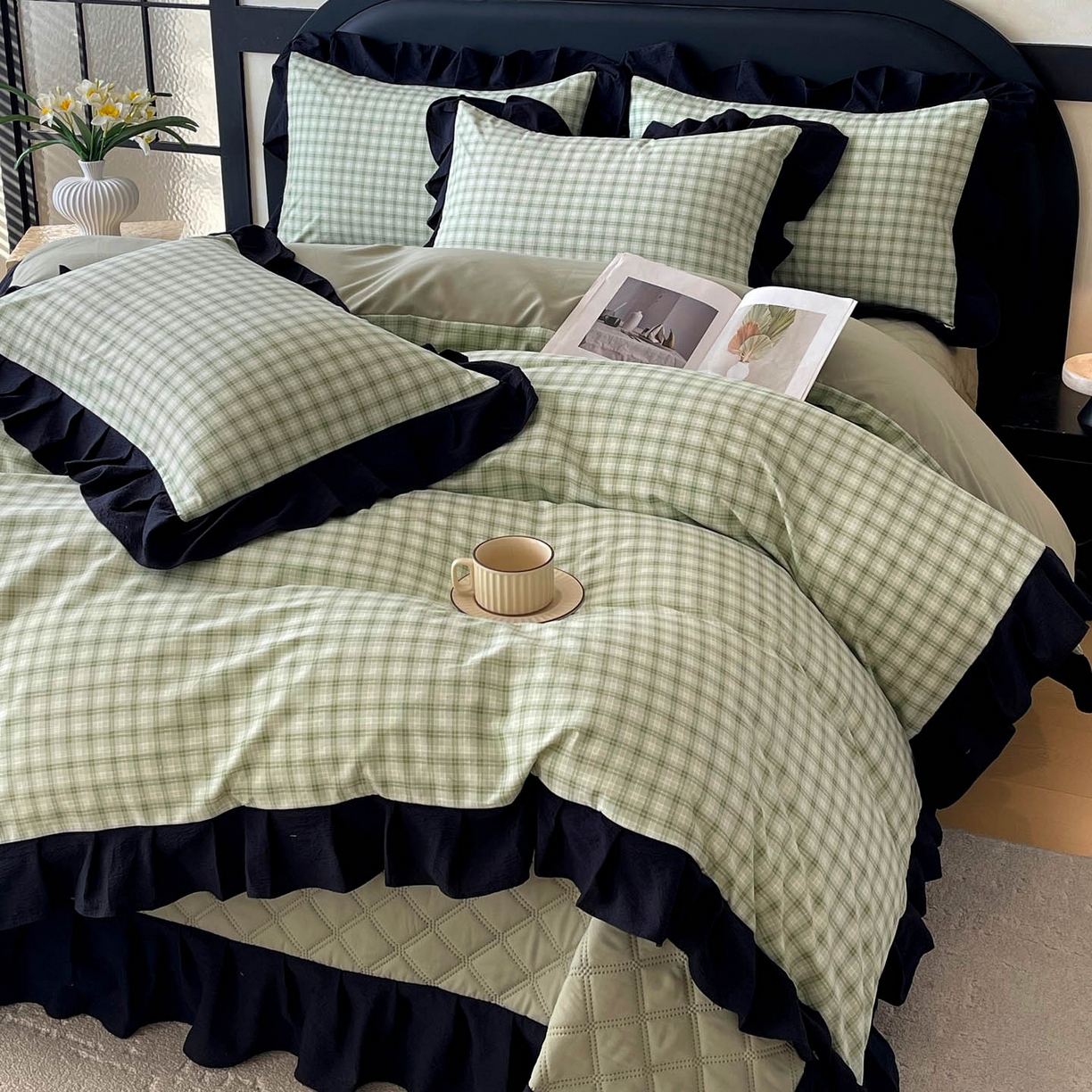 91家纺网 家纺一手货源 找家纺 慕希家纺 2026新款花边夹棉床盖四件套-西西里岛系列 西西里岛-藤绿