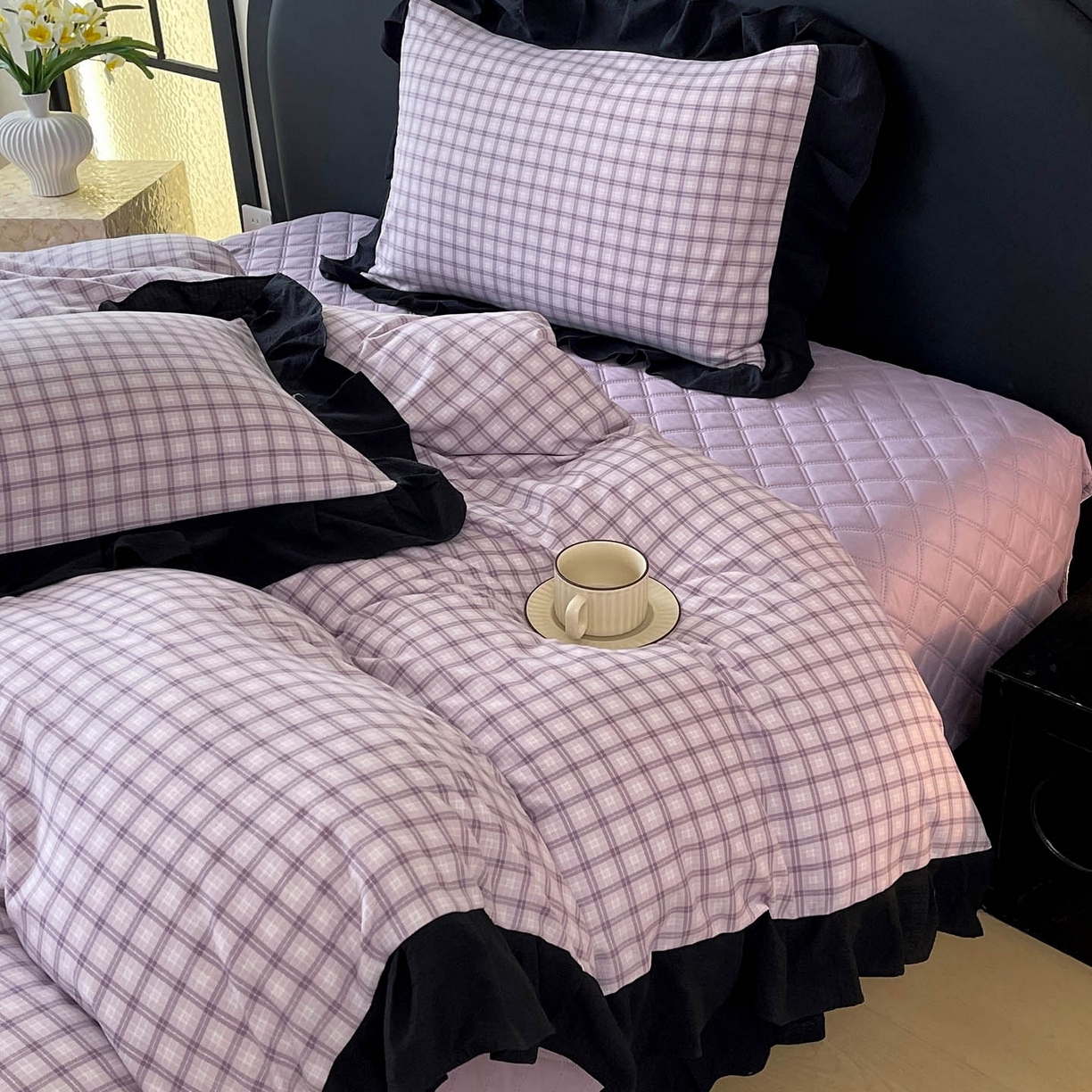 91家纺网 家纺一手货源 找家纺 慕希家纺 2026新款花边夹棉床盖四件套-西西里岛系列 西西里岛-浅紫