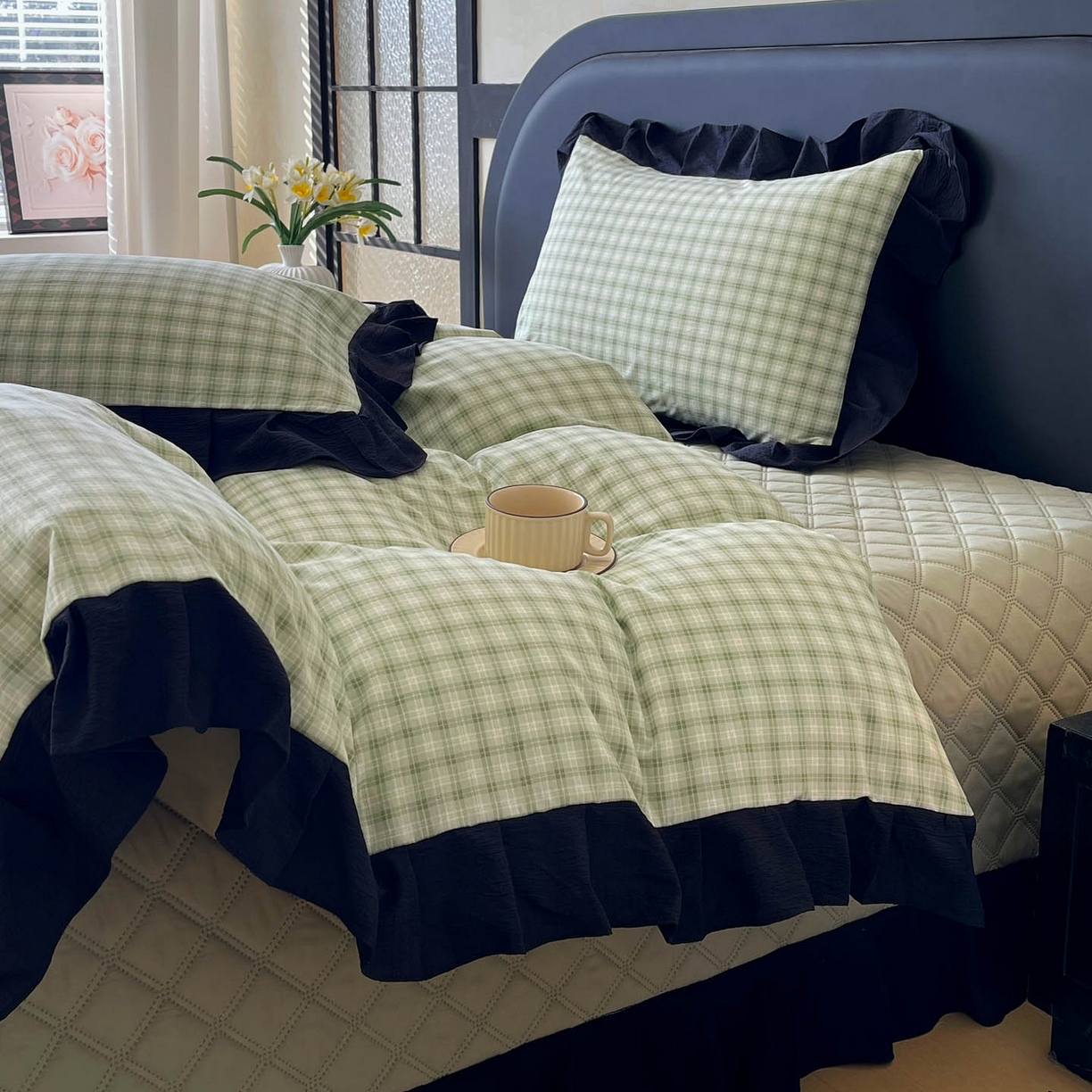 91家纺网 家纺一手货源 找家纺 慕希家纺 2026新款花边夹棉床盖四件套-西西里岛系列 西西里岛-藤绿