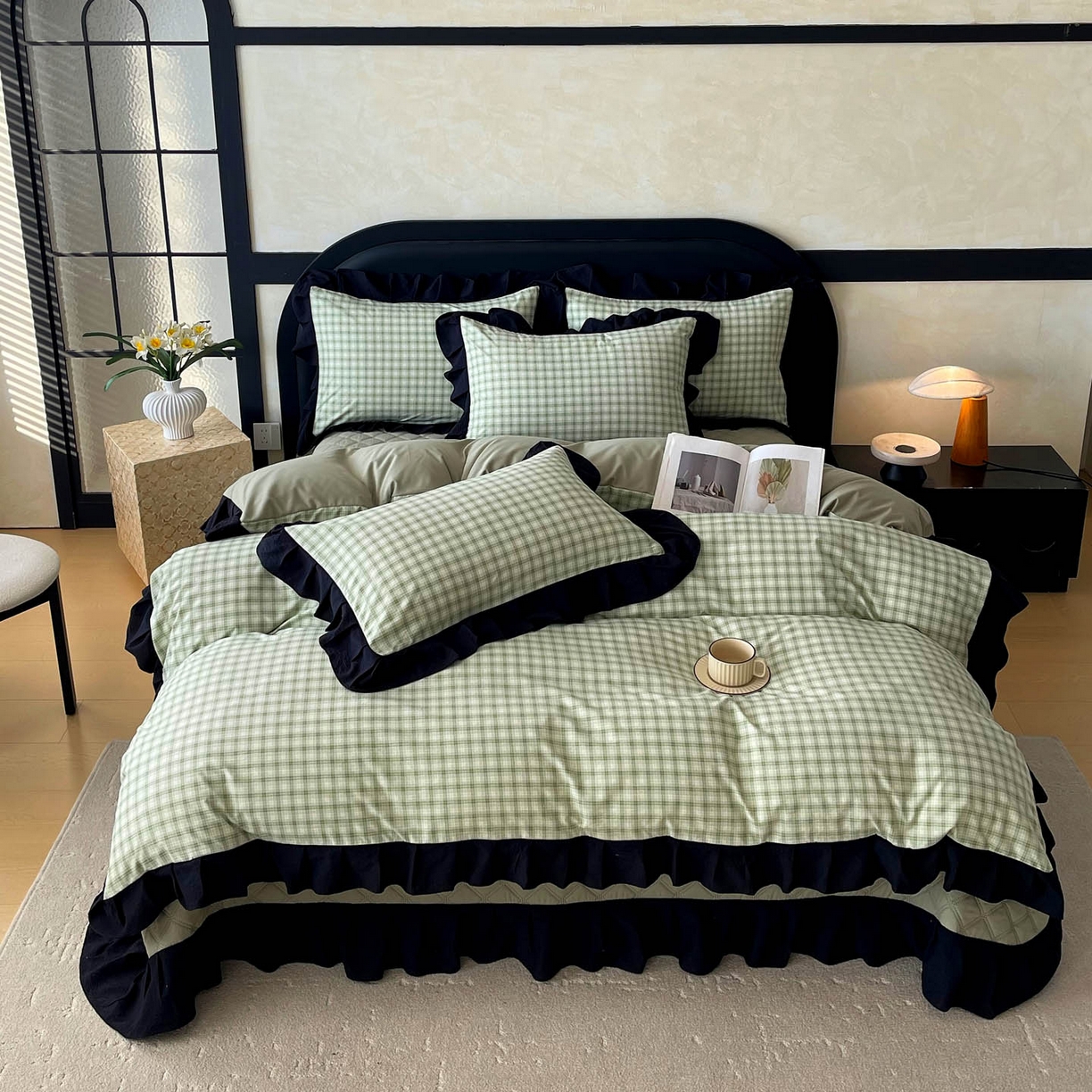 91家纺网 家纺一手货源 找家纺 慕希家纺 2026新款花边夹棉床盖四件套-西西里岛系列 西西里岛-藤绿