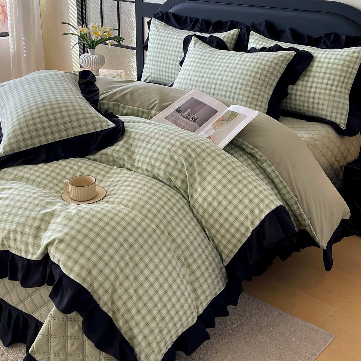 91家纺网 家纺一手货源 找家纺 慕希家纺 2026新款花边夹棉床盖四件套-西西里岛系列 西西里岛-藤绿