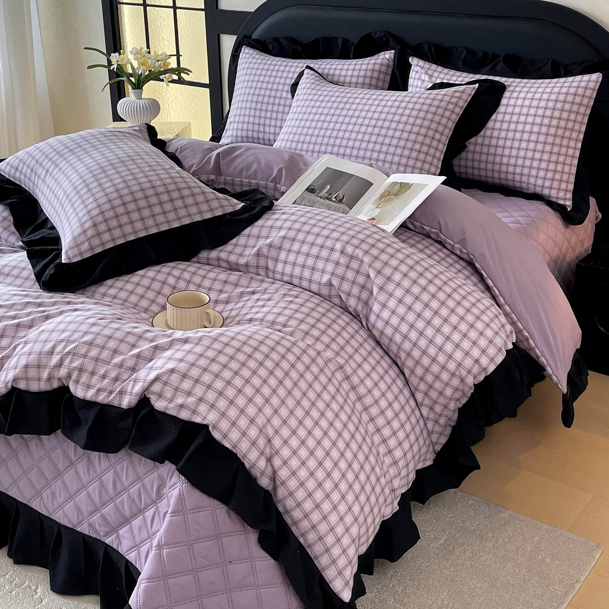 91家纺网 家纺一手货源 找家纺 慕希家纺 2026新款花边夹棉床盖四件套-西西里岛系列 西西里岛-浅紫