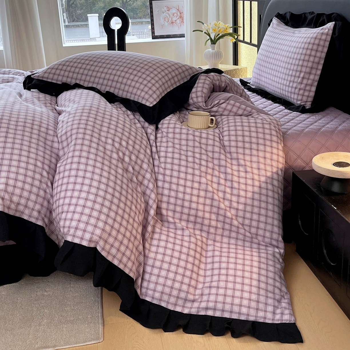 91家纺网 家纺一手货源 找家纺 慕希家纺 2026新款花边夹棉床盖四件套-西西里岛系列 西西里岛-浅紫