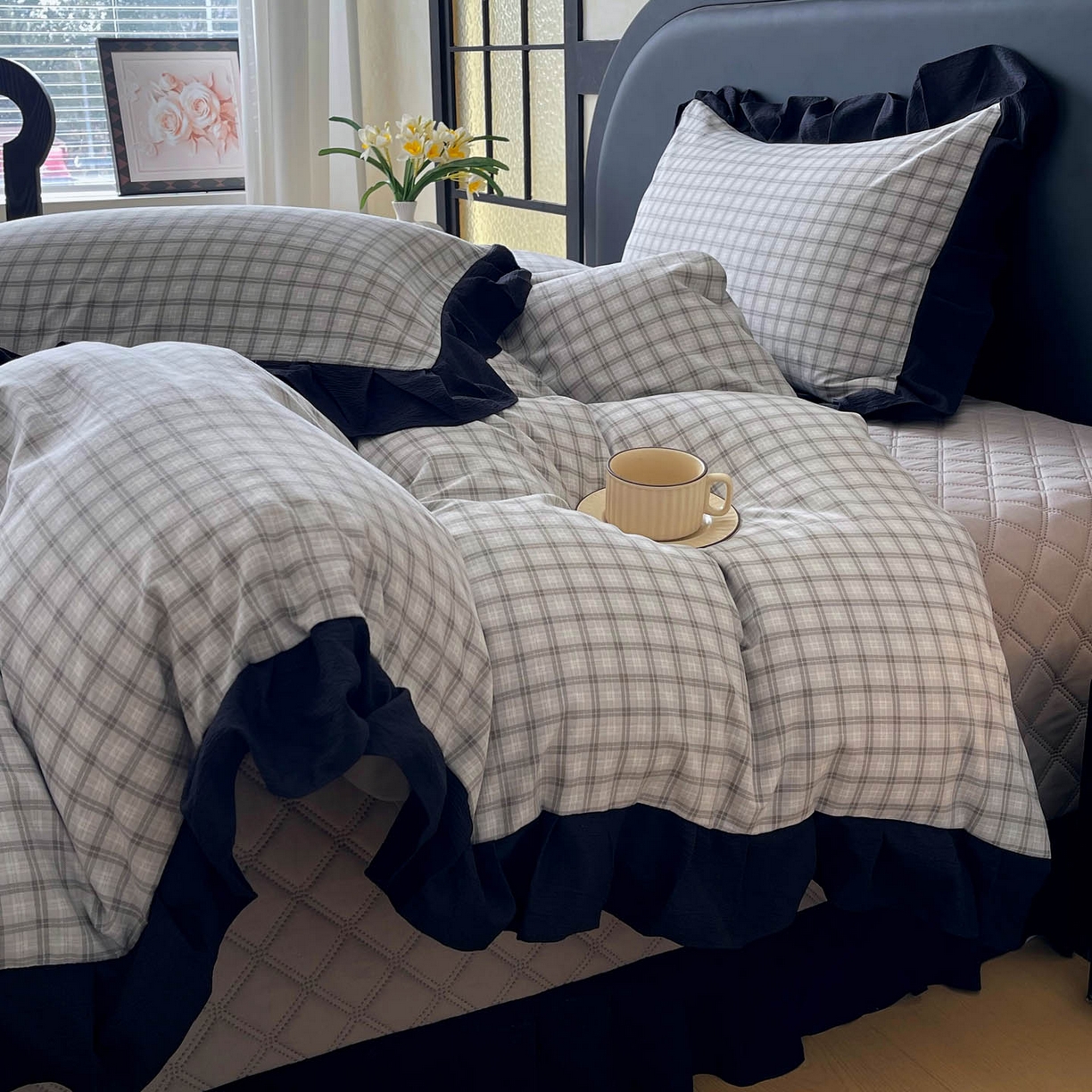 91家纺网 家纺一手货源 找家纺 慕希家纺 2026新款花边夹棉床盖四件套-西西里岛系列 西西里岛-山灰