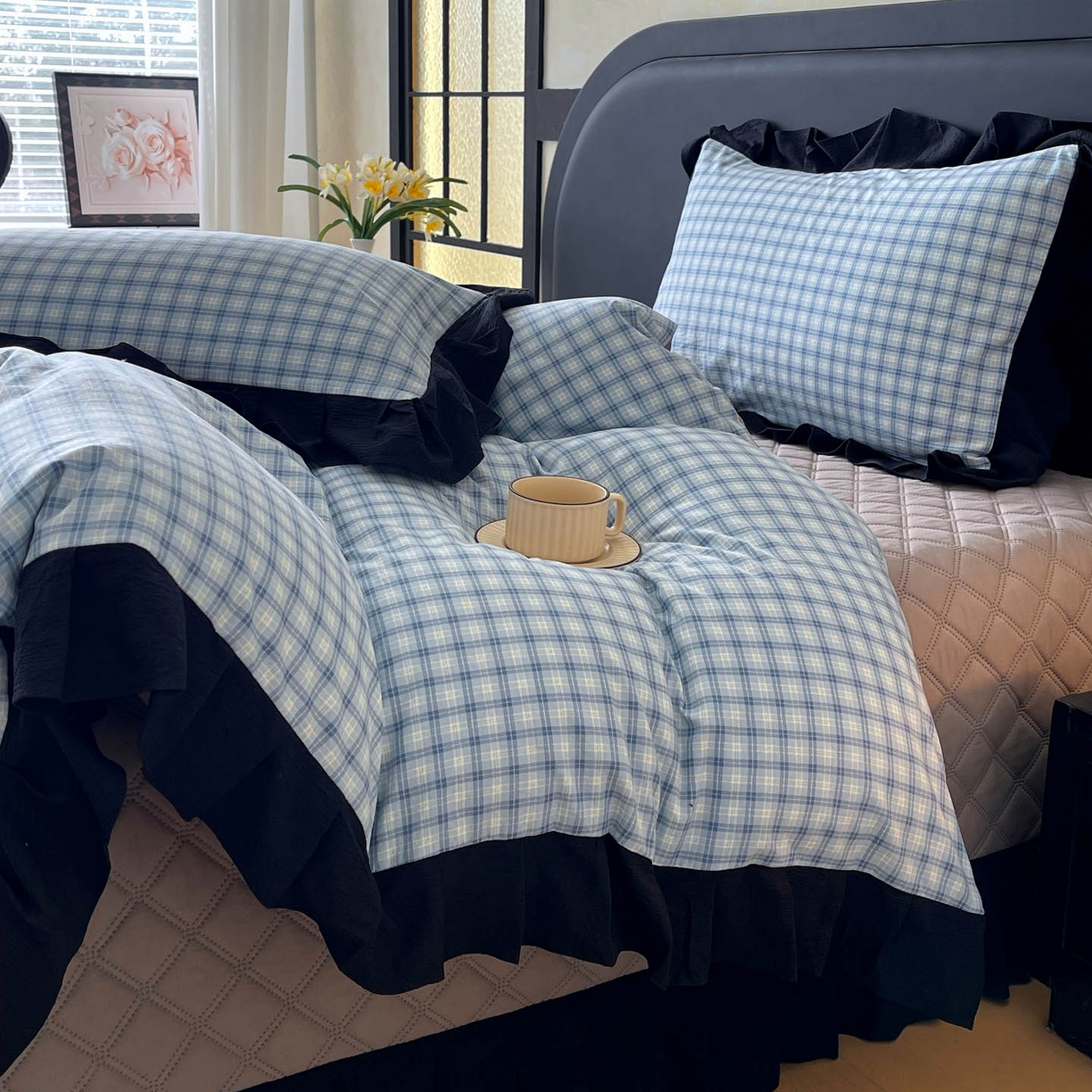 91家纺网 家纺一手货源 找家纺 慕希家纺 2026新款花边夹棉床盖四件套-西西里岛系列 西西里岛-天蓝