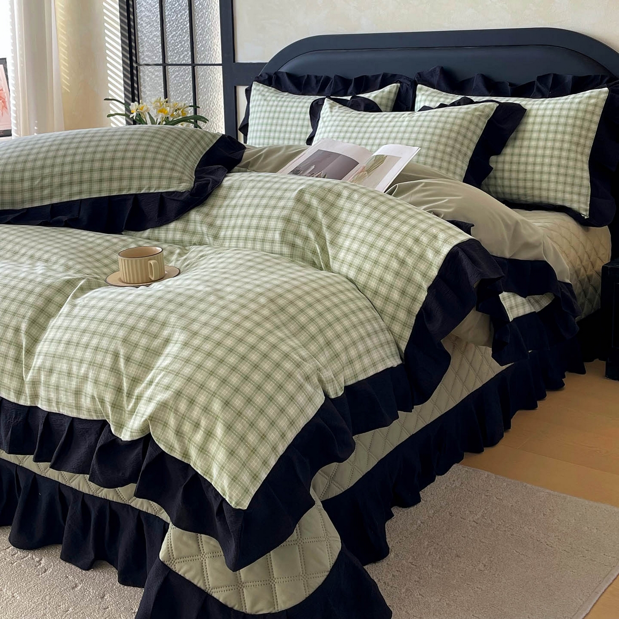 91家纺网 家纺一手货源 找家纺 慕希家纺 2026新款花边夹棉床盖四件套-西西里岛系列 西西里岛-藤绿