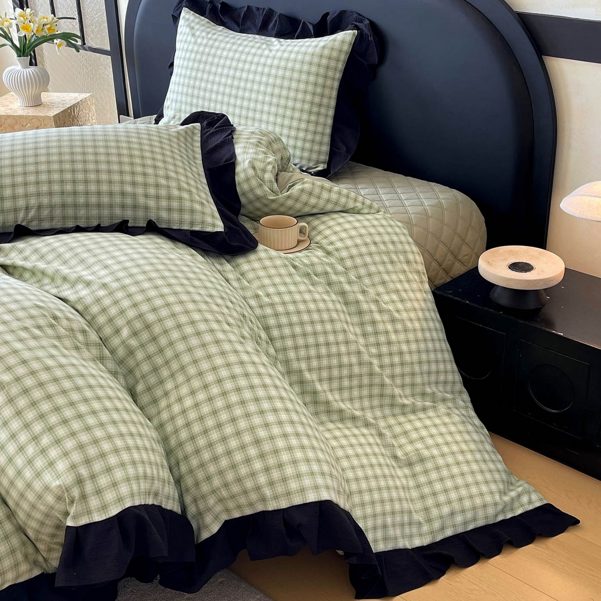 91家纺网 家纺一手货源 找家纺 慕希家纺 2026新款花边夹棉床盖四件套-西西里岛系列 西西里岛-藤绿