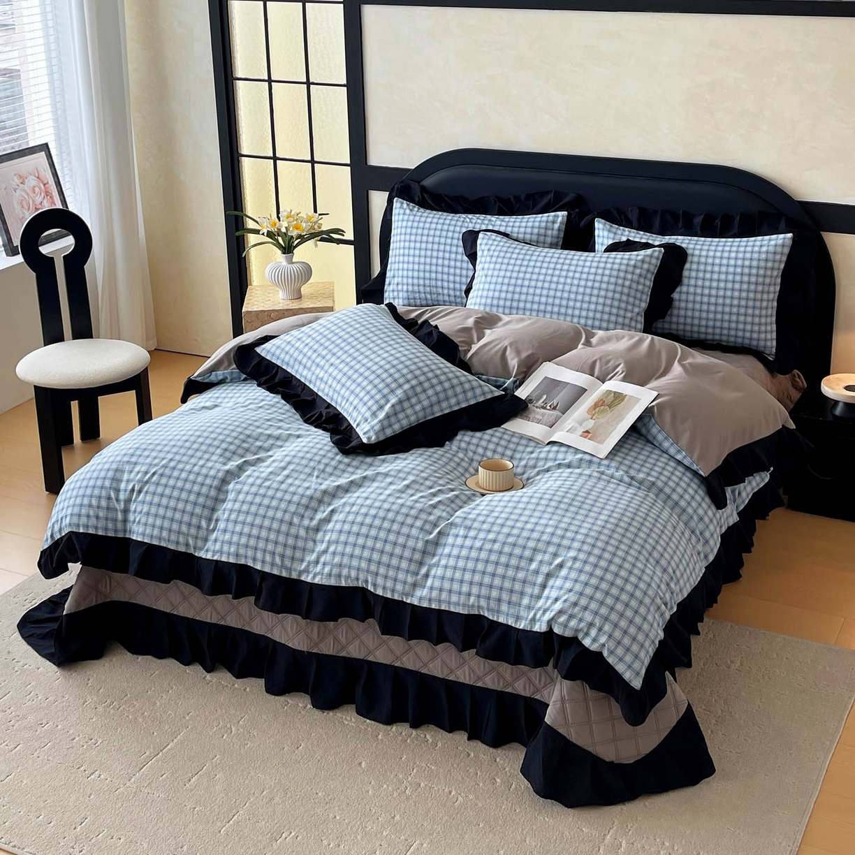 91家纺网 家纺一手货源 找家纺 慕希家纺 2026新款花边夹棉床盖四件套-西西里岛系列 西西里岛-天蓝