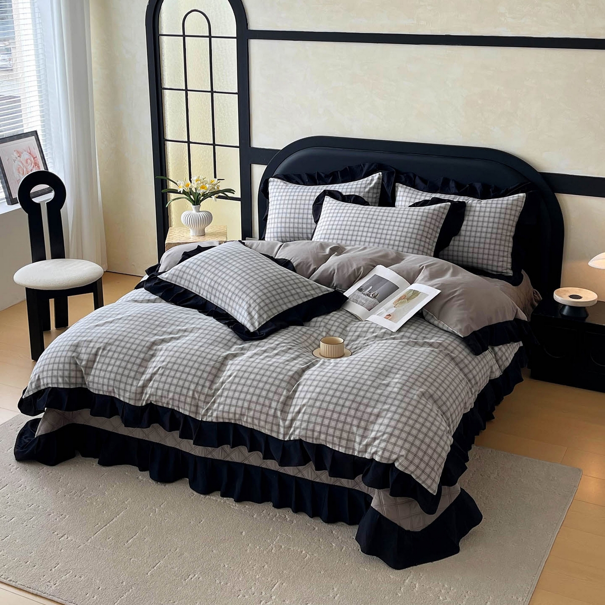 91家纺网 家纺一手货源 找家纺 慕希家纺 2026新款花边夹棉床盖四件套-西西里岛系列 西西里岛-山灰