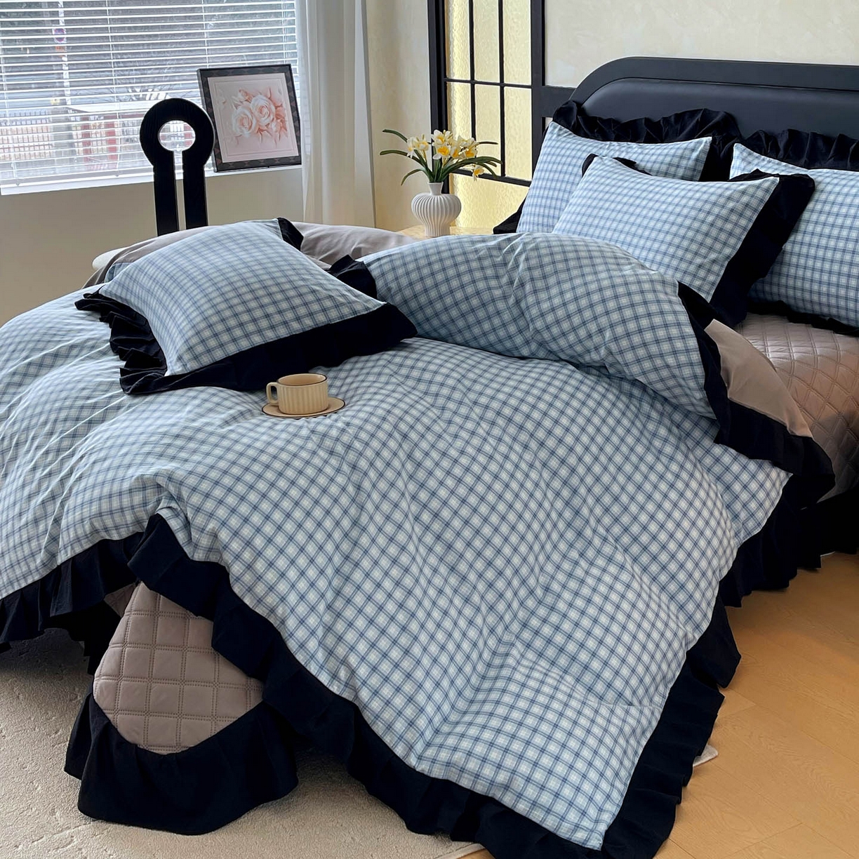 91家纺网 家纺一手货源 找家纺 慕希家纺 2026新款花边夹棉床盖四件套-西西里岛系列 西西里岛-天蓝