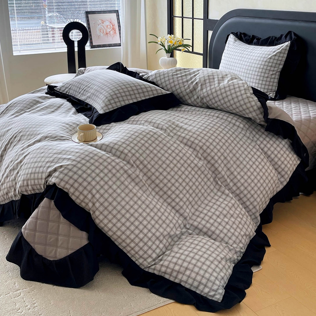 91家纺网 家纺一手货源 找家纺 慕希家纺 2026新款花边夹棉床盖四件套-西西里岛系列 西西里岛-山灰