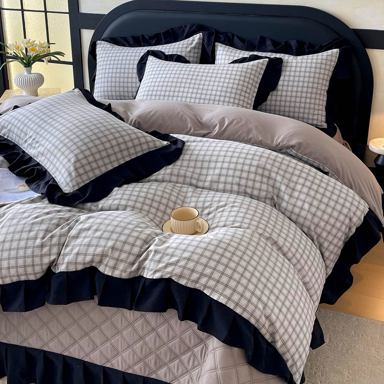 91家纺网 家纺一手货源 找家纺 慕希家纺 2026新款花边夹棉床盖四件套-西西里岛系列 西西里岛-山灰