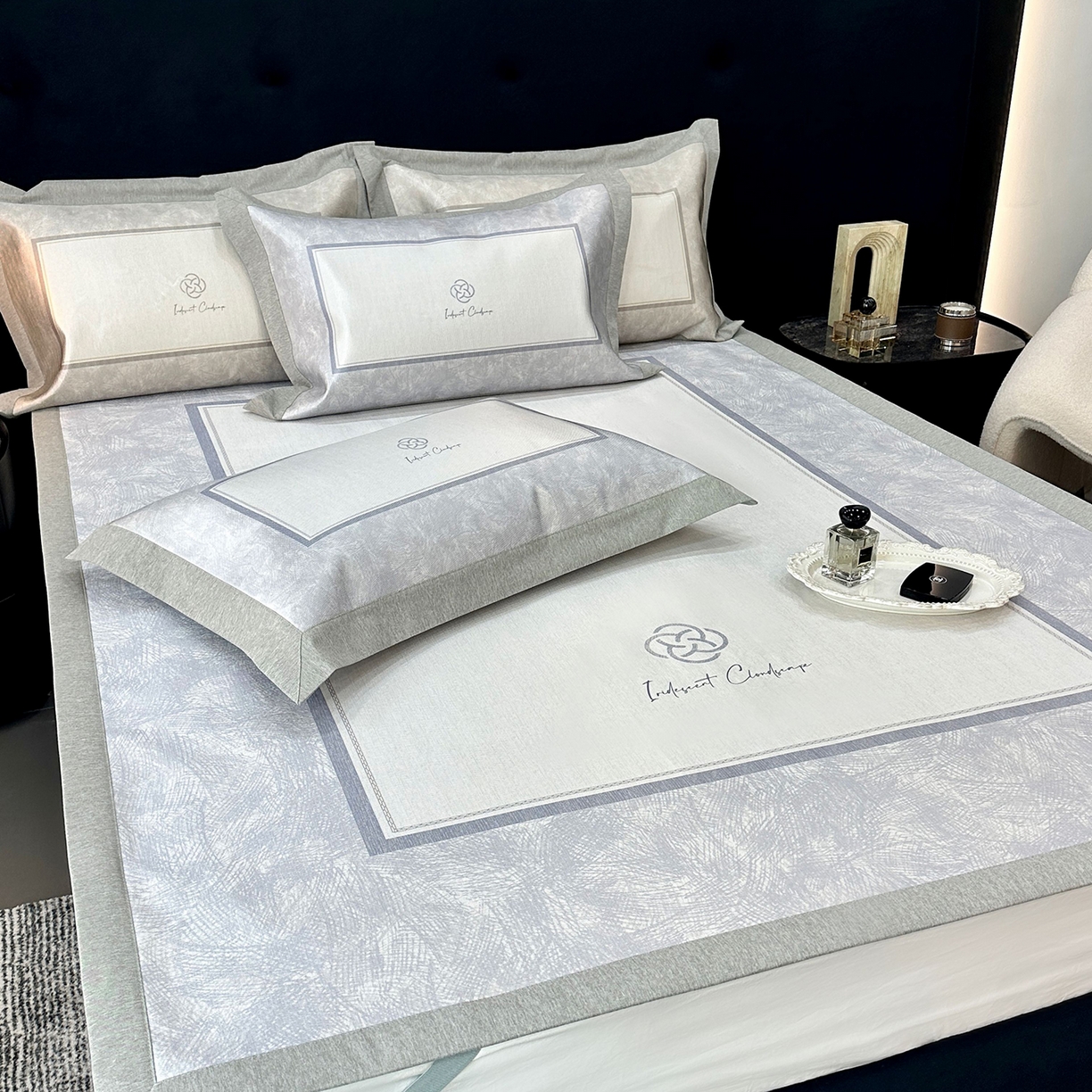 JUICY 橘滋家纺 2026年夏日新款高端简约意式轻奢数码冰丝席凉席 平席款-时间拓印-灰蓝