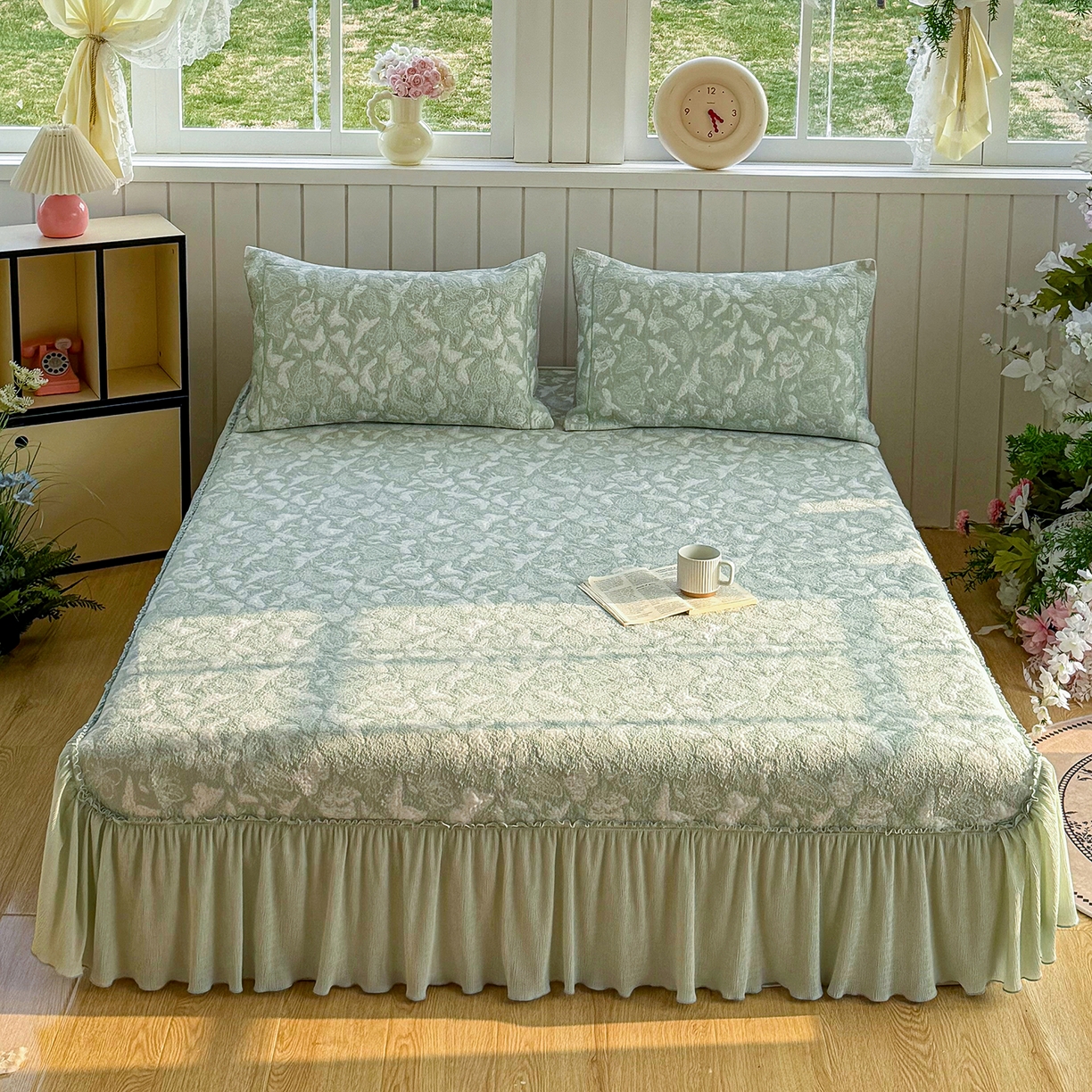 女子家纺 2026新款A类凉豆豆凉感双面提花床裙款凉席席子-蝶舞花间系列 蝶舞花间-优雅绿