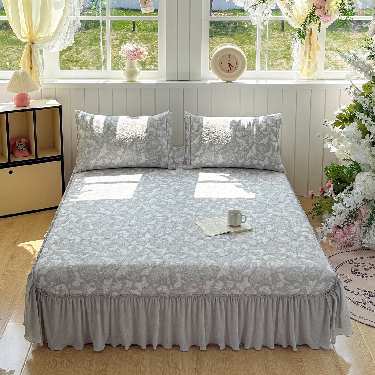 女子家纺 2026新款A类凉豆豆凉感双面提花床裙款凉席席子-蝶舞花间系列 蝶舞花间-浪漫灰