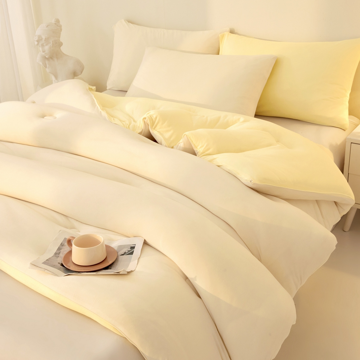 91家纺网 家纺一手货源 找家纺 织雅漫 2026新款针织棉大豆被冬被加厚春秋被被子被芯 米白+鹅黄