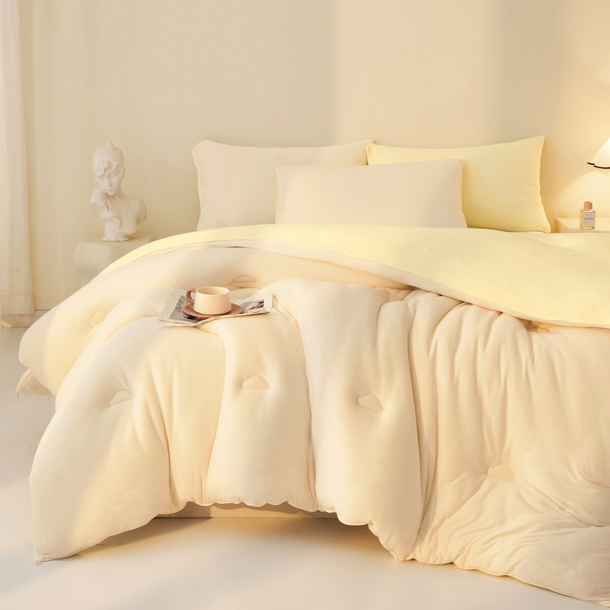 91家纺网 家纺一手货源 找家纺 织雅漫 2026新款针织棉大豆被冬被加厚春秋被被子被芯 米白+鹅黄