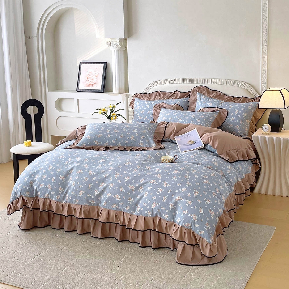 91家纺网 家纺一手货源 找家纺 慕希家纺 2026新款花边床盖四件套 椿庭怀蓝