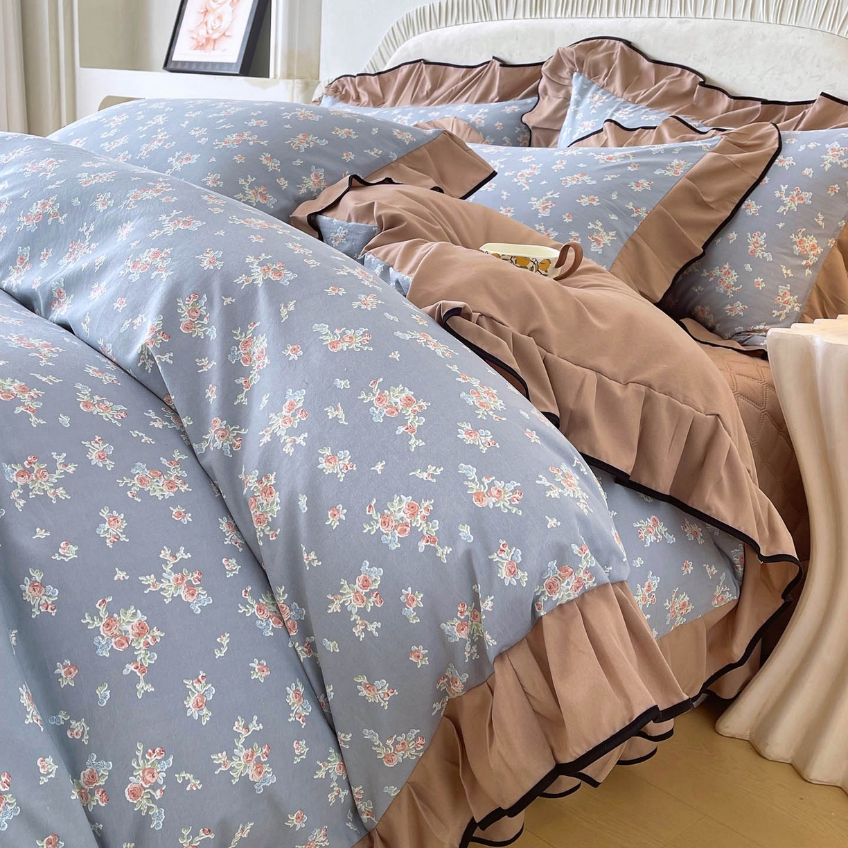 91家纺网 家纺一手货源 找家纺 慕希家纺 2026新款花边床盖四件套 椿庭怀蓝