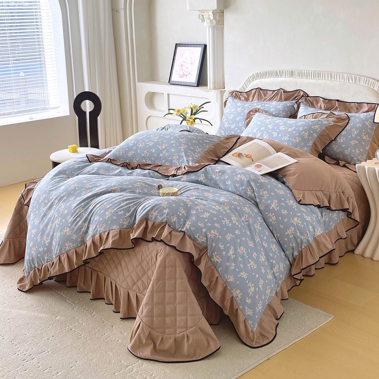 91家纺网 家纺一手货源 找家纺 慕希家纺 2026新款花边床盖四件套 椿庭怀蓝