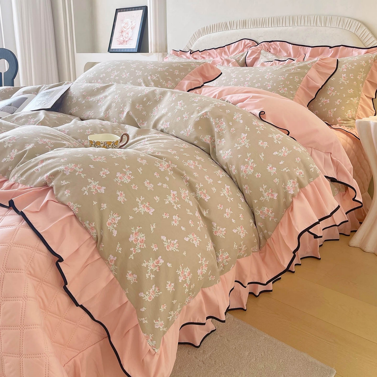 91家纺网 家纺一手货源 找家纺 慕希家纺 2026新款花边床盖四件套 花漾甜心